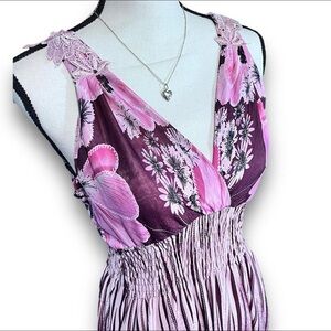 Seven Star V-Neck Pink Floral Boho Vacation Maxi Dress